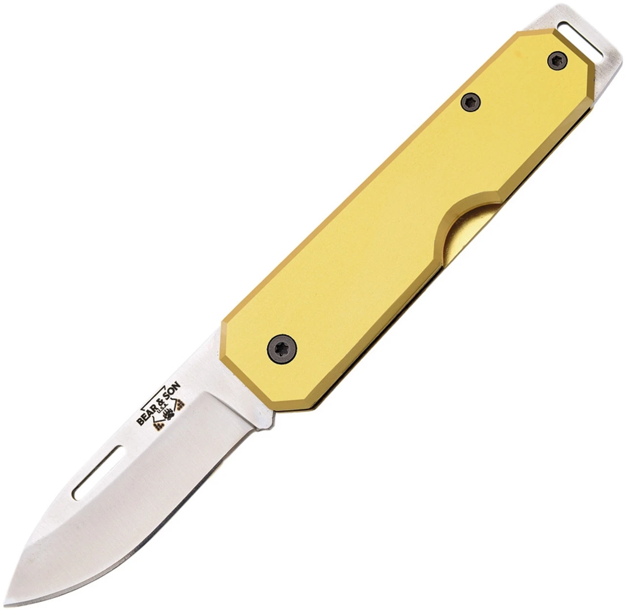 Bear & Son Large Slip Joint 110YW, 3 7/8" High Carbon Steel Plain Blade, Yellow Aluminum Handle 1 Bear & Son Large Slip Joint 110YW, 3 7/8" High Carbon Steel Plain Blade, Yellow Aluminum Handle