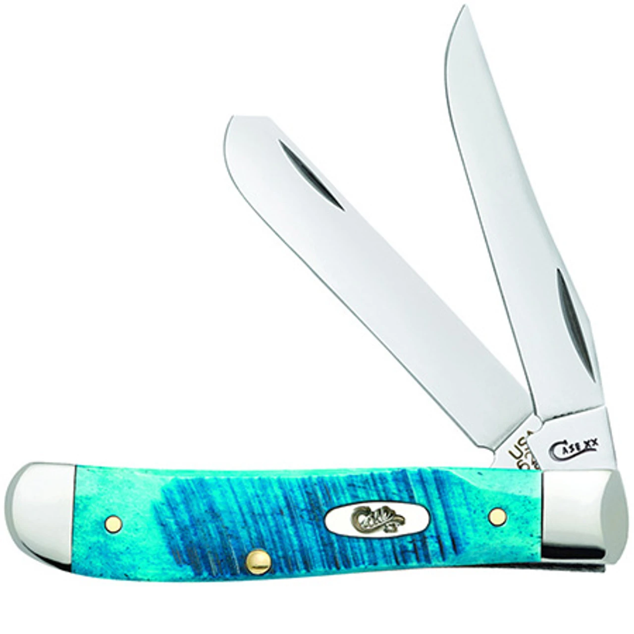 CASE MINI TRAPPER 25593, 3 1/2" CLOSED LENGTH SS BLADE, CARIBBEAN BLUE JIG BONE HANDLE 1 CASE MINI TRAPPER 25593, 3 1/2" CLOSED LENGTH SS BLADE, CARIBBEAN BLUE JIG BONE HANDLE