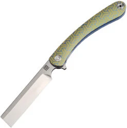 Artisan Orthodox ATZ1817GBU02, 3.75" Satin S35VN Blade, Blue & Gold Titanium Geometric Pattern Handle