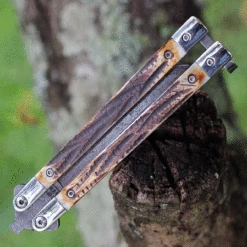 Bear & Son India Stag Bone Butterfly 517D, 3.5" High Definition Damascus Plain Blade, Brown Genuine India Stag Bone Handles -The Knife Shop BC517D.3 07161.1625673393