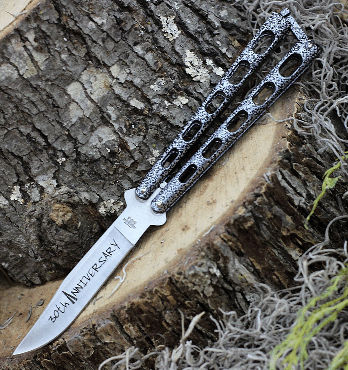 Bear & Son Cutlery 30th Anniversary Butterfly Knife ANN114 , 4.25" 440 Satin Embellished Blade, Silver Vein Handle 1 Bear & Son Cutlery 30th Anniversary Butterfly Knife ANN114 , 4.25" 440 Satin Embellished Blade, Silver Vein Handle