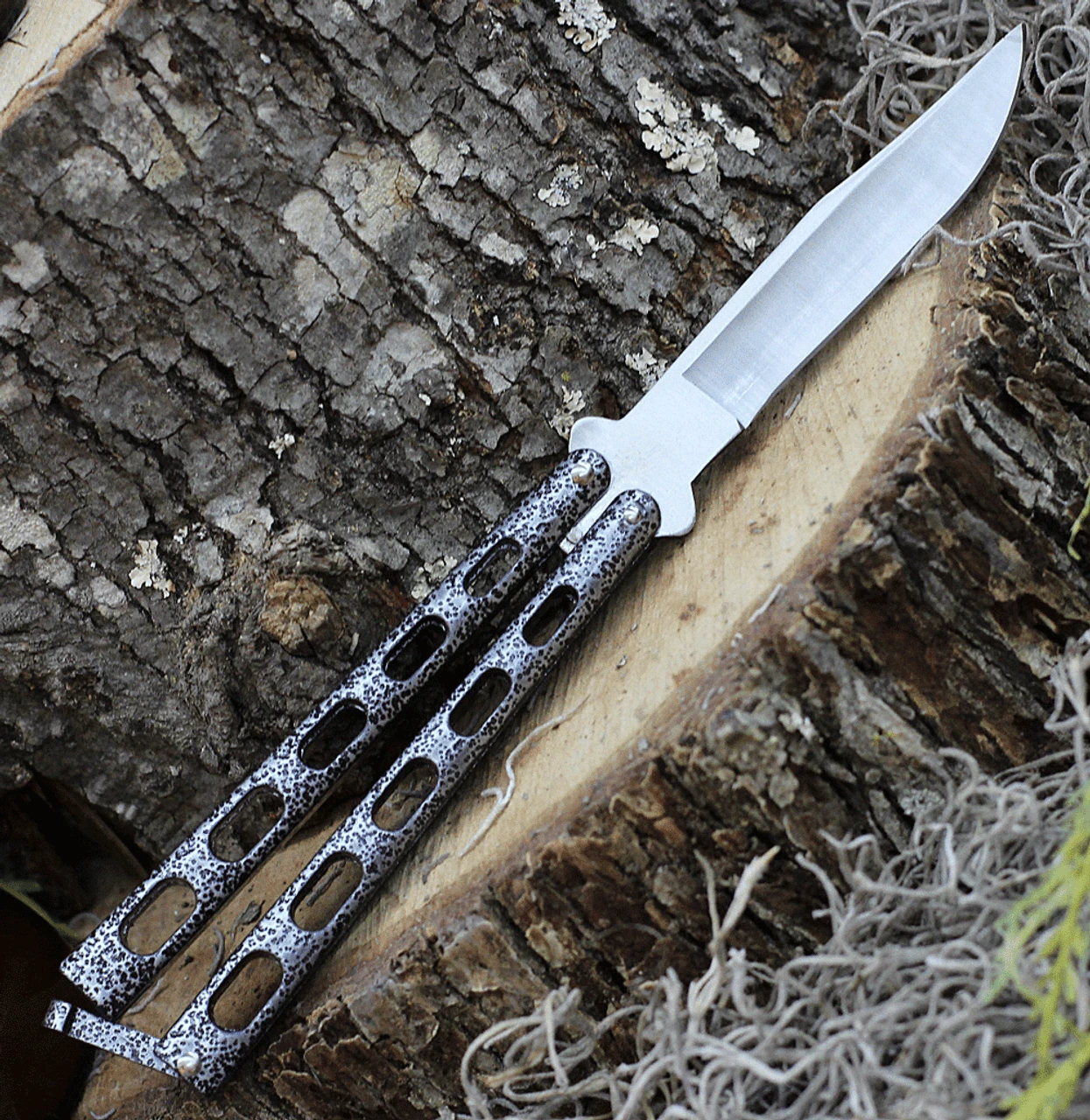 Bear & Son Cutlery 30th Anniversary Butterfly Knife ANN114 , 4.25" 440 Satin Embellished Blade, Silver Vein Handle 2 Bear & Son Cutlery 30th Anniversary Butterfly Knife ANN114 , 4.25" 440 Satin Embellished Blade, Silver Vein Handle - Image 2