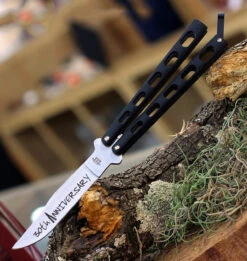 New Arrival 17 Bear & Son Cutlery 30th Anniversary Butterfly Knife ANN114B, 4.25" 440 Satin Embellished Blade, Black Zinc Handle