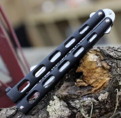 Bear & Son Cutlery 30th Anniversary Butterfly Knife ANN114B, 4.25" 440 Satin Embellished Blade, Black Zinc Handle -The Knife Shop BCCANN114B.2 14557.1618236531