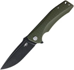 Bestech Mako BG27D Flipper Knife, 3.74" D2 Black Stonewashed Drop Point Blade, Milled OD Green G-10 Handle