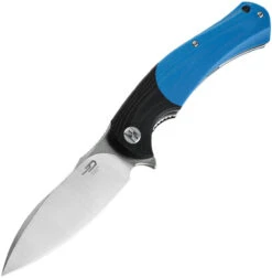 Bestech Knives Penguin Flipper Knife BG32B, 3.6" D2 Satin & Stonewash Plain Blade, Blue & Black G-10 Handle