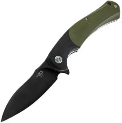 Bestech Knives Penguin Flipper Knife BG32E, 3.6" D2 Black Plain Blade, Black & Green G-10 Handle