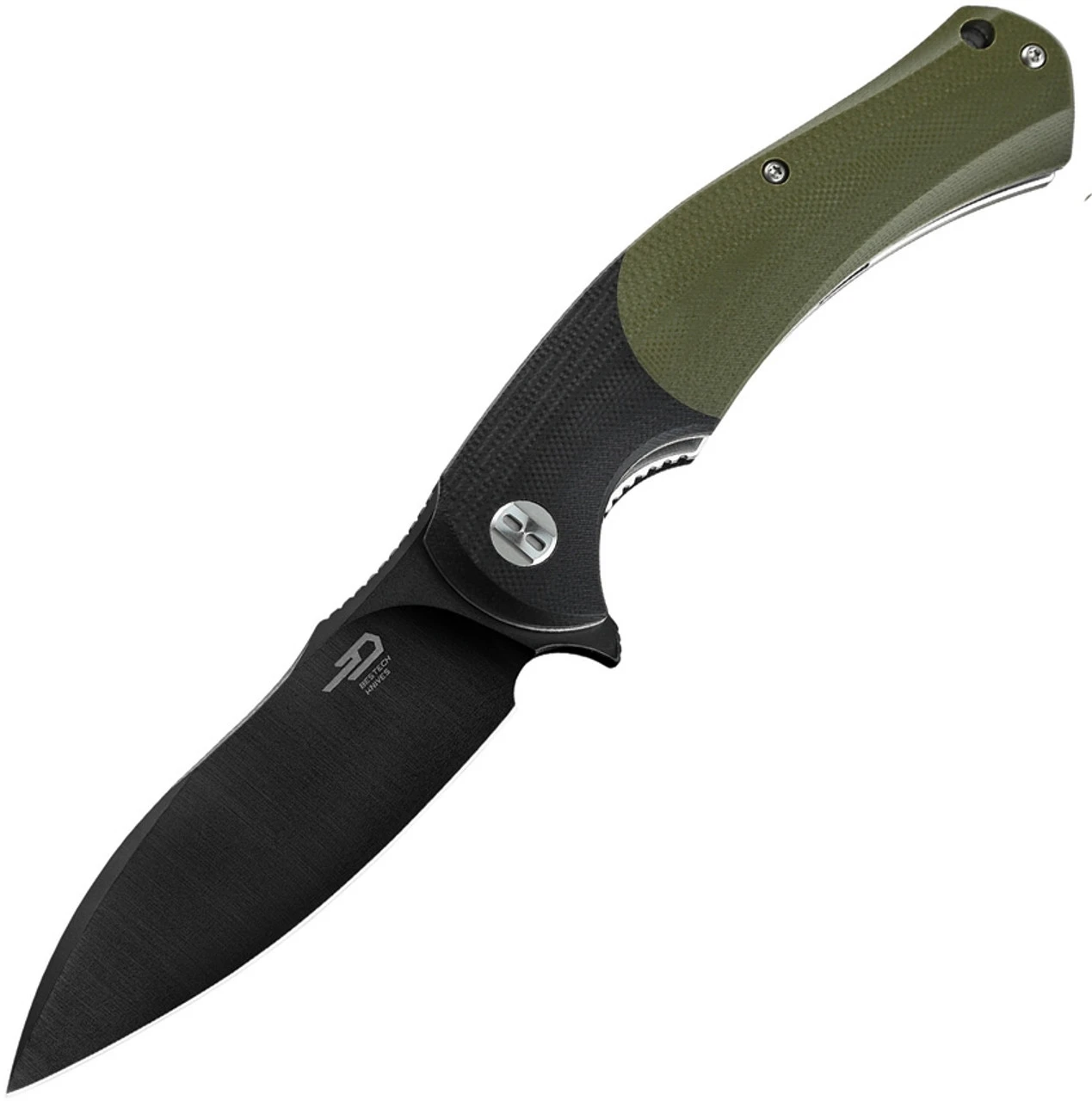 Bestech Knives Penguin Flipper Knife BG32E, 3.6" D2 Black Plain Blade, Black & Green G-10 Handle 1 Bestech Knives Penguin Flipper Knife BG32E, 3.6" D2 Black Plain Blade, Black & Green G-10 Handle