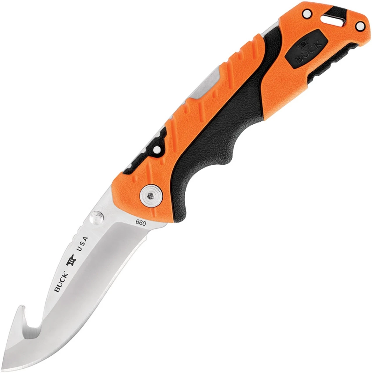 Buck Knives Buck 660 Orange Pursuit Pro Large Folding Guthook, 3.5" S35VN Satin Guthook Blade, Black & Orange Glass Filled Nylon Handle 1 Buck Knives Buck 660 Orange Pursuit Pro Large Folding Guthook, 3.5" S35VN Satin Guthook Blade, Black & Orange Glass Filled Nylon Handle