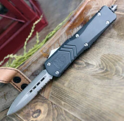 CobraTec Gray FS-X OTF Knife CTKLGRYFS-XLDAG1SS, 3.75" D2 Steel Dagger Serrated Blade, Gray Aluminum Handle