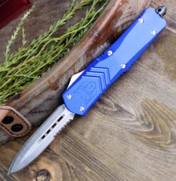 CobraTec Blue FS-X OTF Knife CTKLBLUFS-XLDAG1SS, 3.75" D2 Steel Dagger Serrated Blade, Blue Aluminum Handle