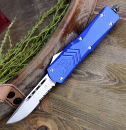CobraTec Blue FS-X OTF Knife CTKLBLUFS-XLDS, 3.75" D2 Steel Drop Point Serrated Blade, Blue Aluminum Handle