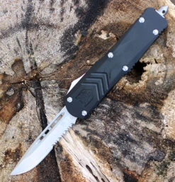 CobraTec Black FS-X OTF Knife CTKMBLKFS-XMDS, 3" D2 Steel Drop Point Serrated Blade, Black Aluminum Handle