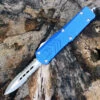 CobraTec Blue FS-X OTF Knife CTKMBLUFS-XMDAG2SS, 3" D2 Steel Dagger Double Serrated Blade, Blue Aluminum Handle
