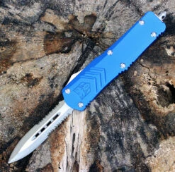 CobraTec Blue FS-X OTF Knife CTKMBLUFS-XMDAG2SS, 3" D2 Steel Dagger Double Serrated Blade, Blue Aluminum Handle