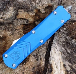 CobraTec Blue FS-X OTF Knife CTKMBLUFS-XMDAG2SS, 3" D2 Steel Dagger Double Serrated Blade, Blue Aluminum Handle -The Knife Shop MBLUFS XMDS.2 80904.1583253192