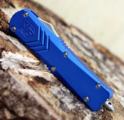CobraTec Blue FS-X OTF Knife CTKMBLUFS-XMTS, 3" D2 Steel Tanto Serrated Blade, Blue Aluminum Handle -The Knife Shop MBLUFSX 47227.1583253357