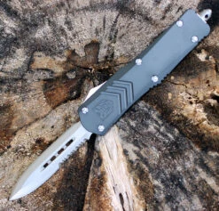 CobraTec Gray FS-X OTF Knife CTKMGRYFS-XMDAG1SS, 3" D2 Steel Dagger Serrated Blade, Gray Aluminum Handle