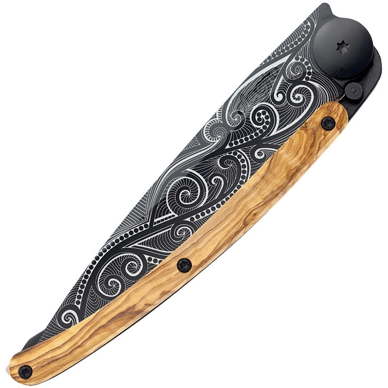 Deejo DEE1GB141 Tattoo Black Pacific 37g, 3.75" Black Titanium Coated Z40C13 SS Blade, Olivewood Handle 2 Deejo DEE1GB141 Tattoo Black Pacific 37g, 3.75" Black Titanium Coated Z40C13 SS Blade, Olivewood Handle - Image 2