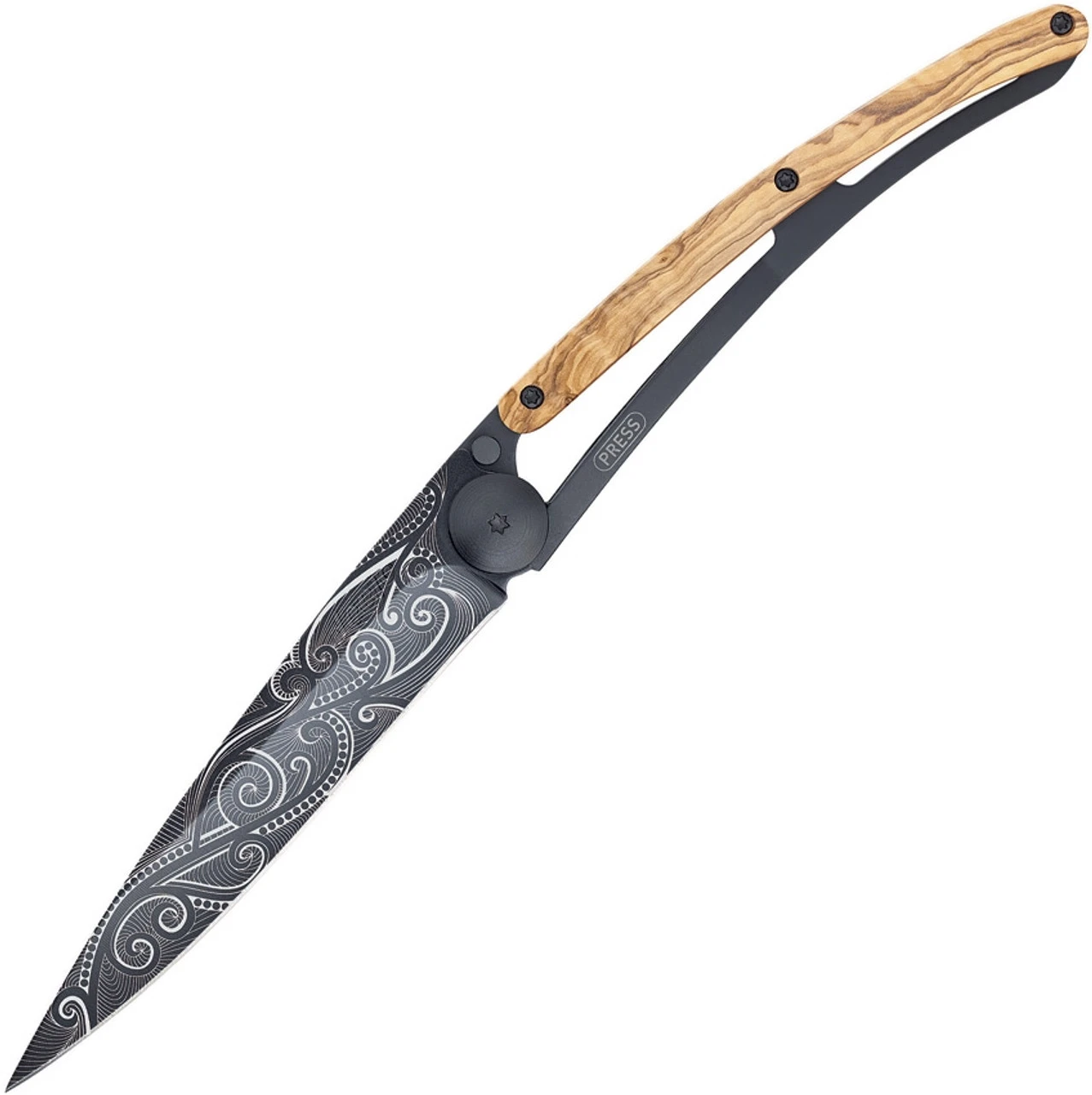 Deejo DEE1GB141 Tattoo Black Pacific 37g, 3.75" Black Titanium Coated Z40C13 SS Blade, Olivewood Handle 1 Deejo DEE1GB141 Tattoo Black Pacific 37g, 3.75" Black Titanium Coated Z40C13 SS Blade, Olivewood Handle