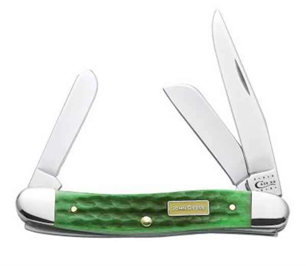 Case 15706 John Deere Medium Stockman, Corn Cob Jigged Bright Green Bone Handle (6318 SS) 1 Case 15706 John Deere Medium Stockman, Corn Cob Jigged Bright Green Bone Handle (6318 SS)