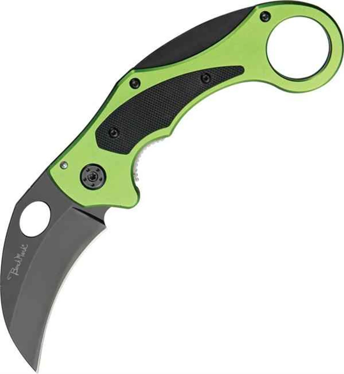 Benchmark Venom Karambit. 2 1/2" Black Finish Stainless Curved Blade With Thumb Hole. Neon Green Aluminum Handles. 1 Benchmark Venom Karambit. 2 1/2" Black Finish Stainless Curved Blade With Thumb Hole. Neon Green Aluminum Handles.