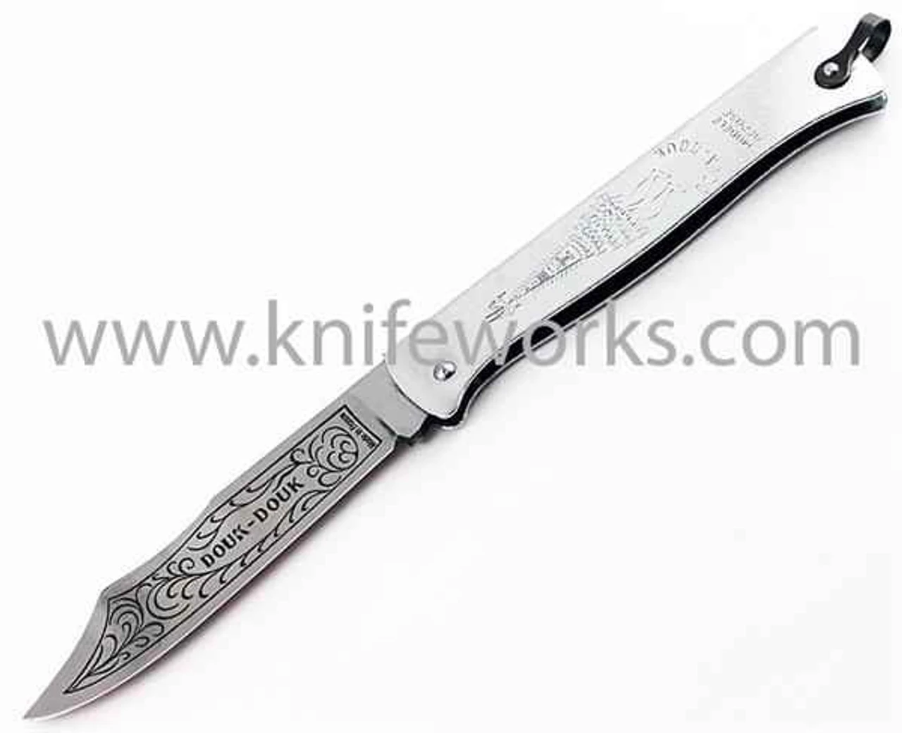 Douk-Douk Folder Silver, 3 5/16" Carbon Steel Blade W/ Douk-Douk Scroll Etching. 1 Douk-Douk Folder Silver, 3 5/16" Carbon Steel Blade W/ Douk-Douk Scroll Etching.